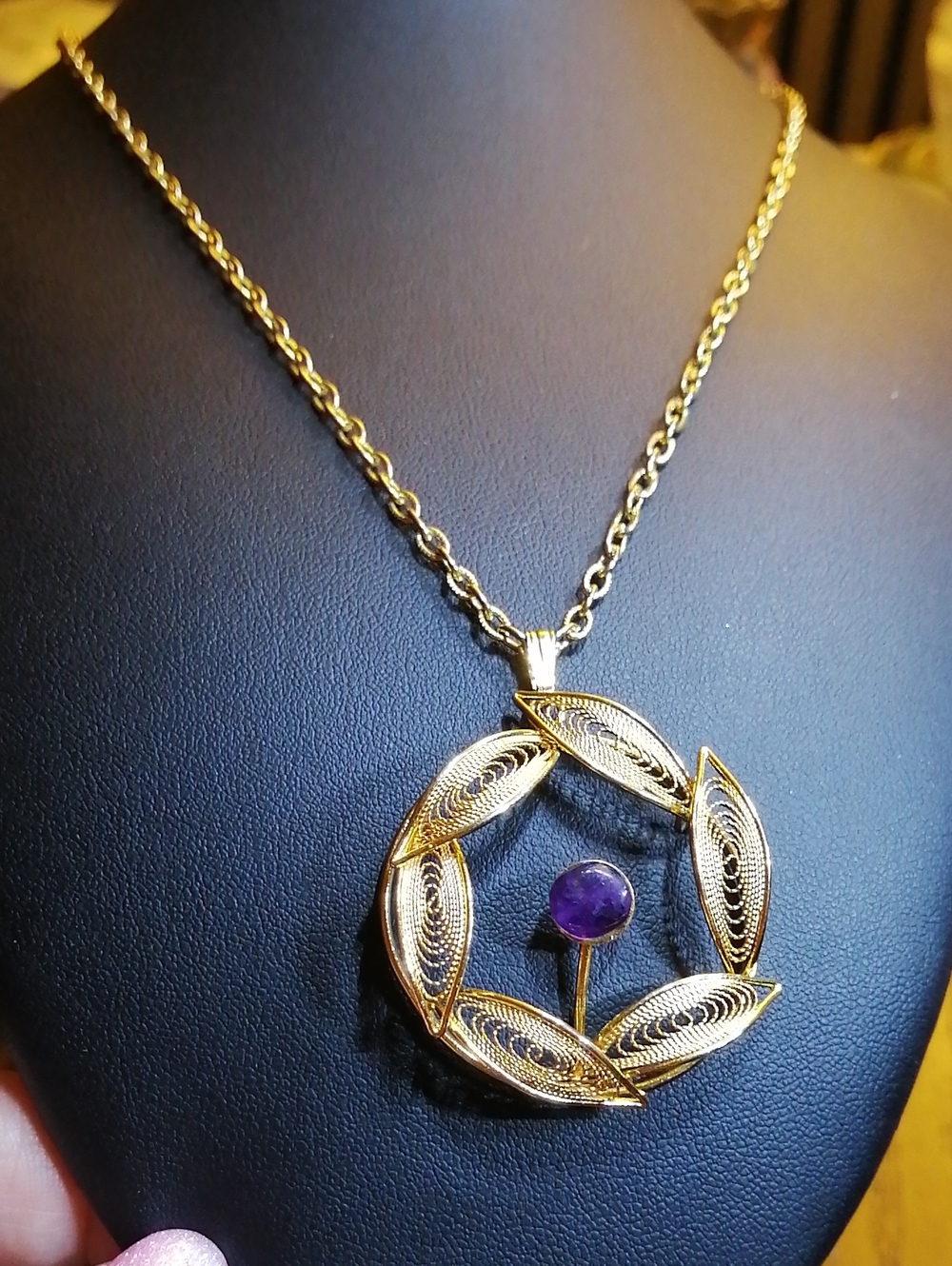 Gold Plated Filigree Wreath Pendant Necklace with Purple Amethyst Stone